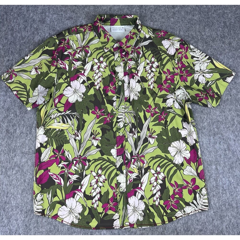 Projek Raw Men's Button Up Shirt Hawaiian Floral Print Green Short Sleeve Sz XL